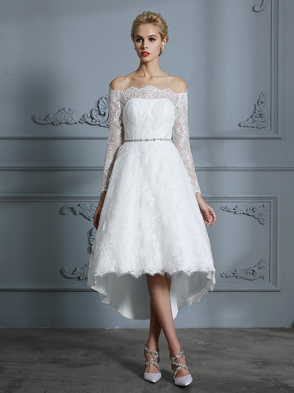 A-Line/Princess Long Sleeves Off-the-Shoulder Asymmetrical Lace Wedding Dresses CICIP0006338