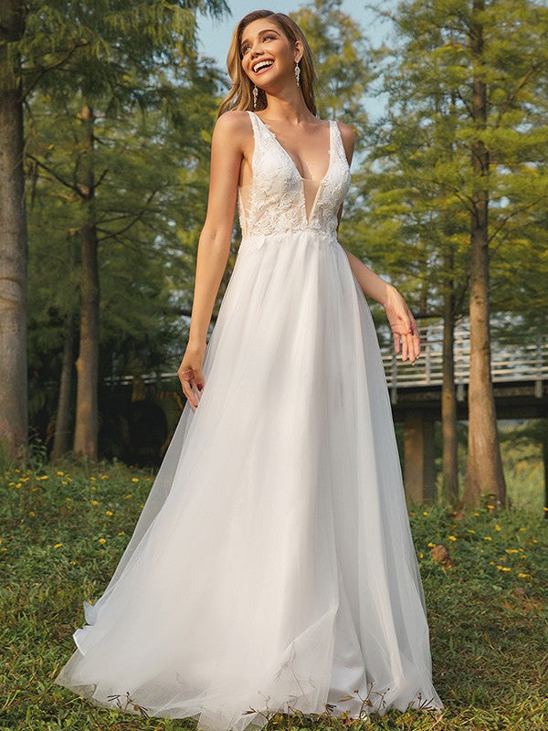 A-Line/Princess Tulle Applique V-neck Sleeveless Sweep/Brush Train Wedding Dresses CICIP0006365