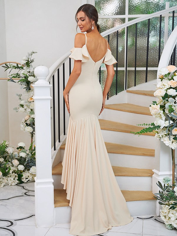 Trumpet/Mermaid Jersey Ruffles V-neck Sleeveless Asymmetrical Bridesmaid Dresses CICIP0004937