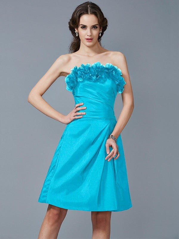 Sheath/Column Strapless Sleeveless Hand-Made Flower Short Taffeta Bridesmaid Dresses CICIP0005868