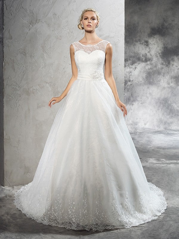 Ball Gown Sheer Neck Sash/Ribbon/Belt Sleeveless Long Net Wedding Dresses CICIP0006639