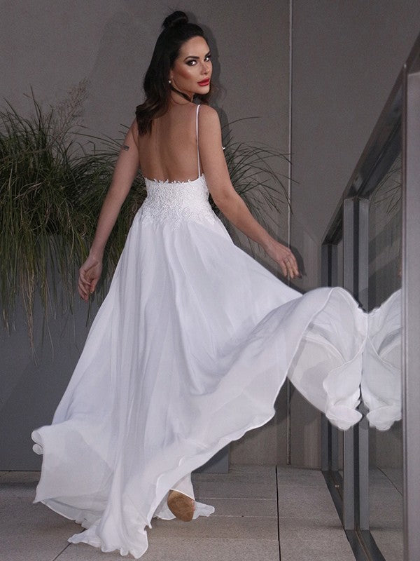 A-Line/Princess Applique Chiffon V-neck Sleeveless Sweep/Brush Train Wedding Dresses CICIP0006445