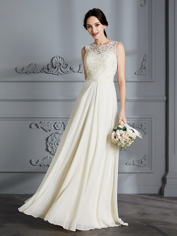 A-Line/Princess Scoop Chiffon Sleeveless Floor-Length Wedding Dresses CICIP0006190