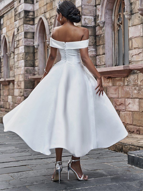 A-Line/Princess Satin Ruffles Off-the-Shoulder Sleeveless Ankle-Length Wedding Dresses CICIP0006529