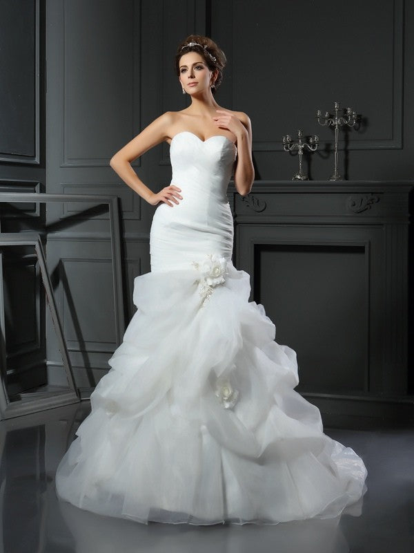 Trumpet/Mermaid Sweetheart Ruffles Sleeveless Long Satin Wedding Dresses CICIP0006435