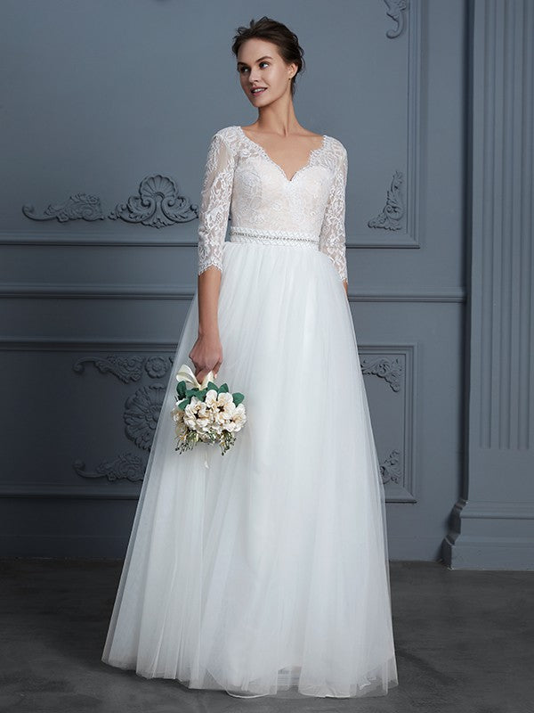 A-Line/Princess V-neck 3/4 Sleeves Floor-Length Lace Tulle Wedding Dresses CICIP0006306