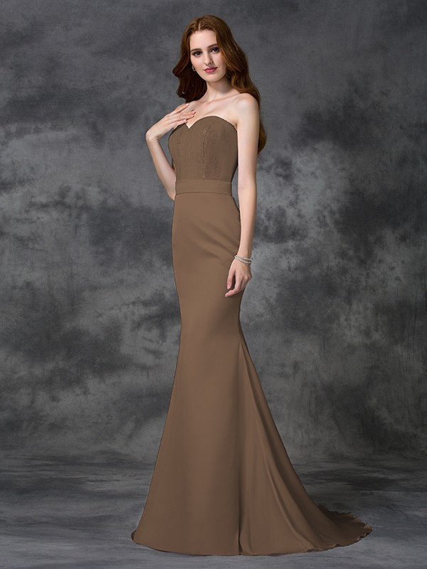 Trumpet/Mermaid Sweetheart Beading Sleeveless Long Satin Chiffon Bridesmaid Dresses CICIP0005321