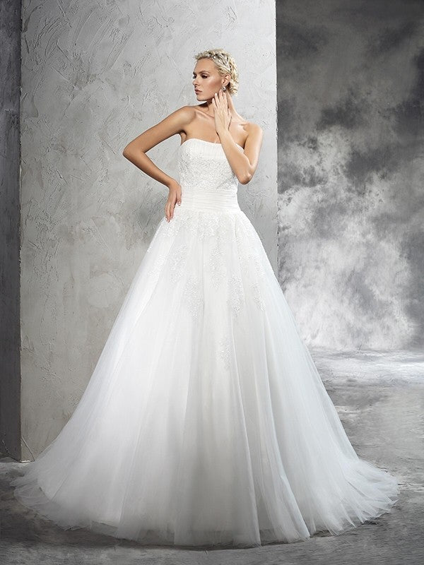 Ball Gown Strapless Applique Sleeveless Long Satin Wedding Dresses CICIP0006676