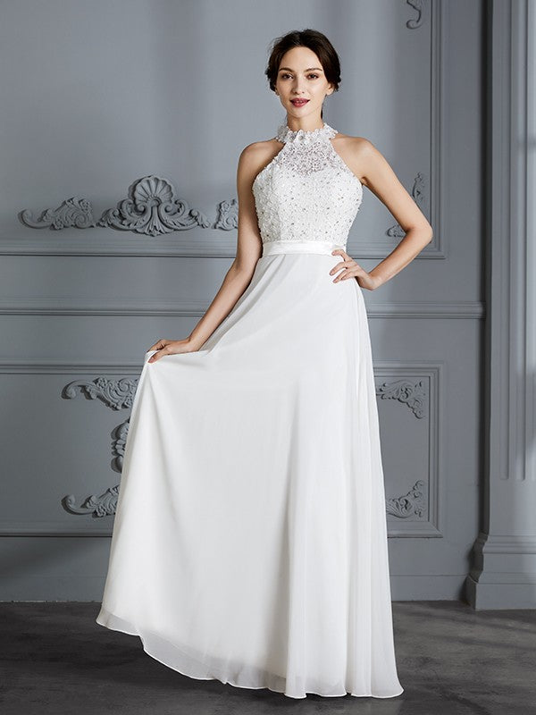 A-Line/Princess Scoop Sleeveless Floor-Length Chiffon Wedding Dresses CICIP0006361