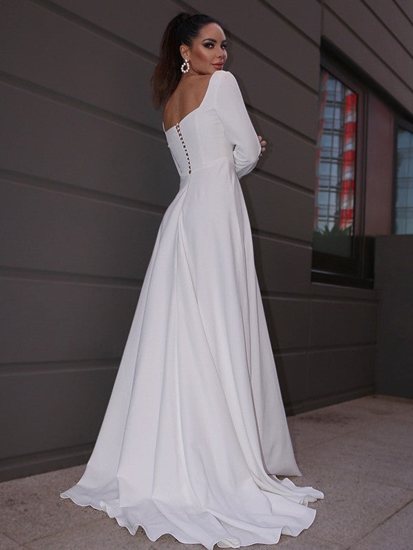 A-Line/Princess Stretch Crepe Ruffles Long Sleeves Square Sweep/Brush Train Wedding Dresses CICIP0006452