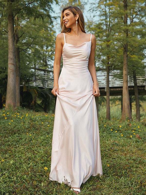 Sheath/Column Charmeuse Ruched Spaghetti Straps Sleeveless Sweep/Brush Train Bridesmaid Dresses CICIP0005001