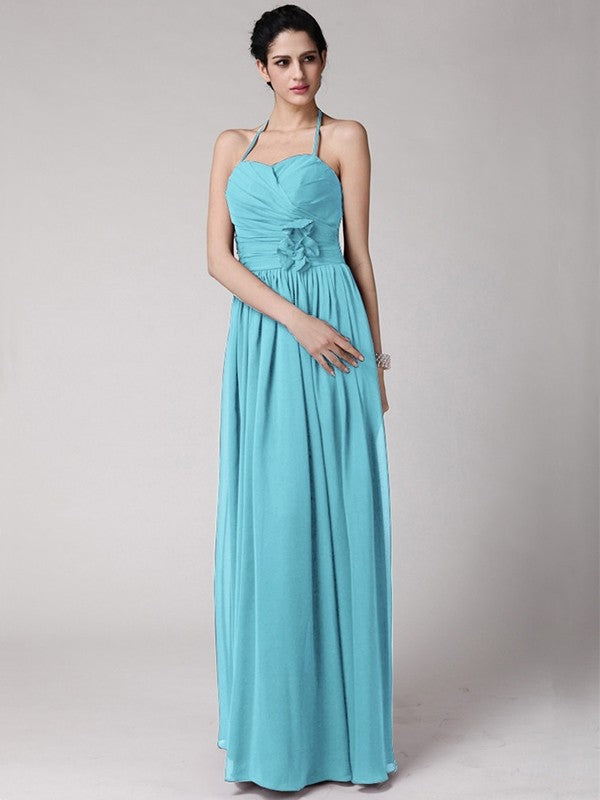 Sheath/Column Halter Sleeveless Hand-Made Flower Long Chiffon Bridesmaid Dresses CICIP0005817