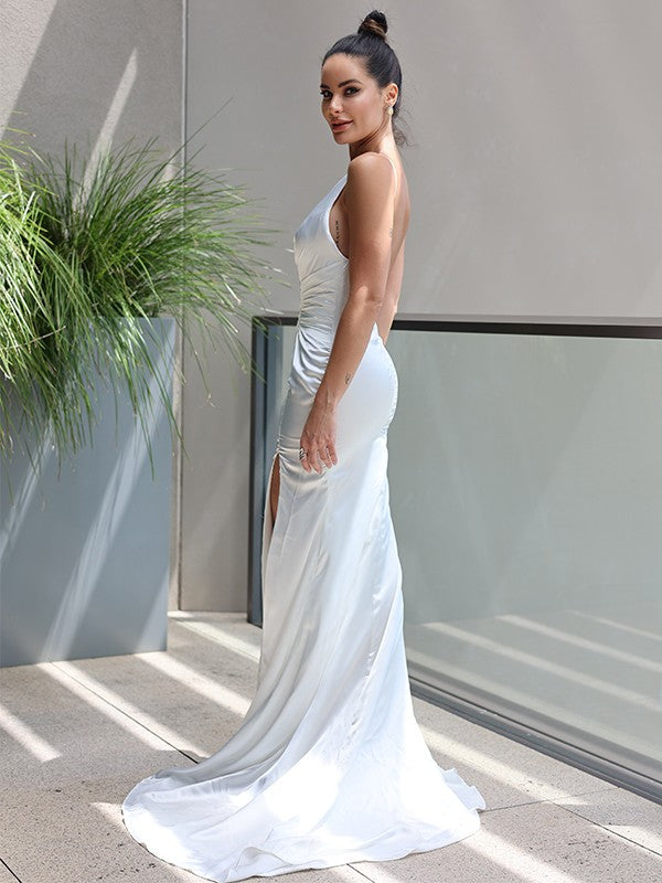 Sheath/Column Satin Ruched V-neck Sleeveless Sweep/Brush Train Wedding Dresses CICIP0007028