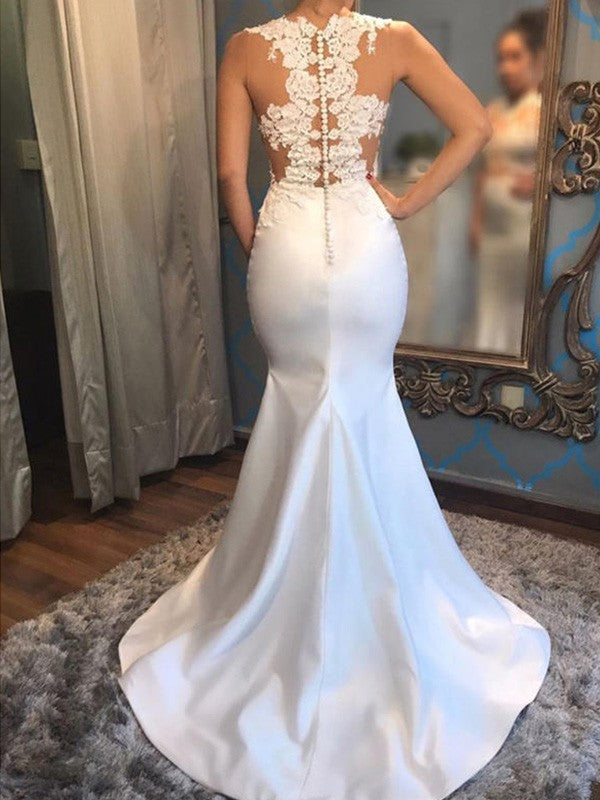 Trumpet/Mermaid Sleeveless Scoop Court Train Applique Satin Wedding Dresses CICIP0005962