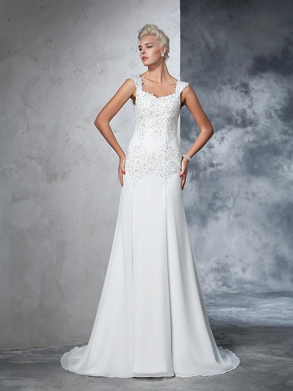 A-Line/Princess Straps Beading Sleeveless Long Chiffon Wedding Dresses CICIP0006465