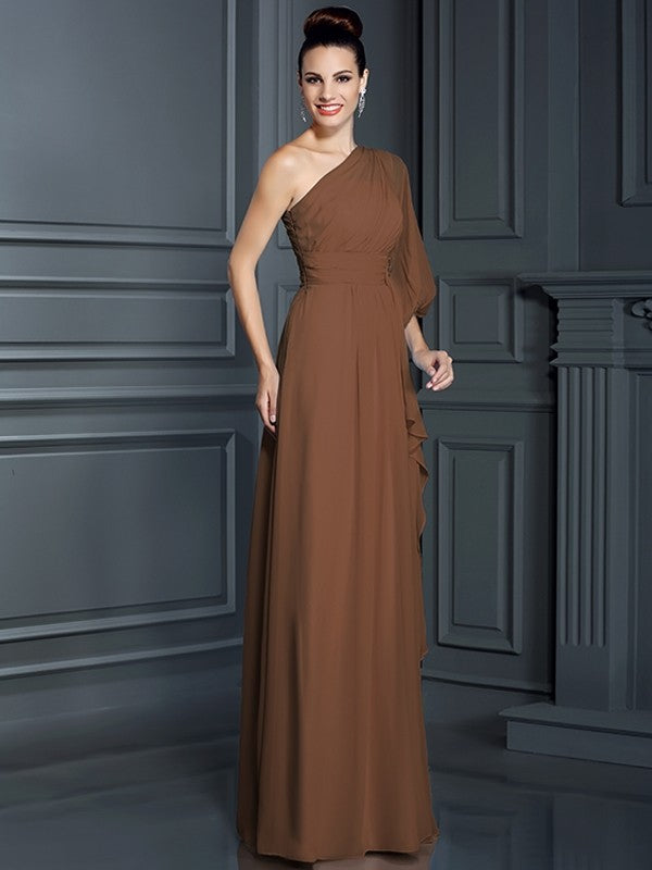 Sheath/Column One-Shoulder 3/4 Sleeves Long Chiffon Bridesmaid Dresses CICIP0005047