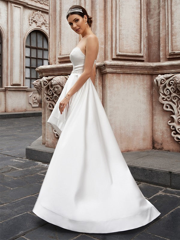 A-Line/Princess Sweetheart Satin Ruffles Sleeveless Asymmetrical Wedding Dresses CICIP0006091