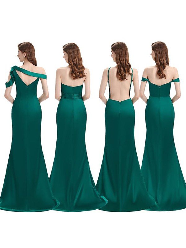 Sheath/Column Off-the-Shoulder Elastic Woven Satin Ruched Sleeveless Sweep/Brush Train Bridesmaid Dresses CICIP0004895