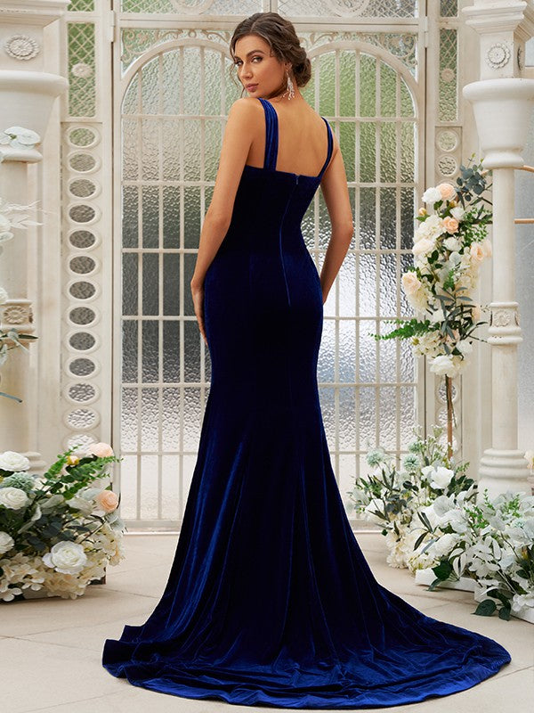 Trumpet/Mermaid Velvet Ruffles Straps Sleeveless Sweep/Brush Train Bridesmaid Dresses CICIP0004964