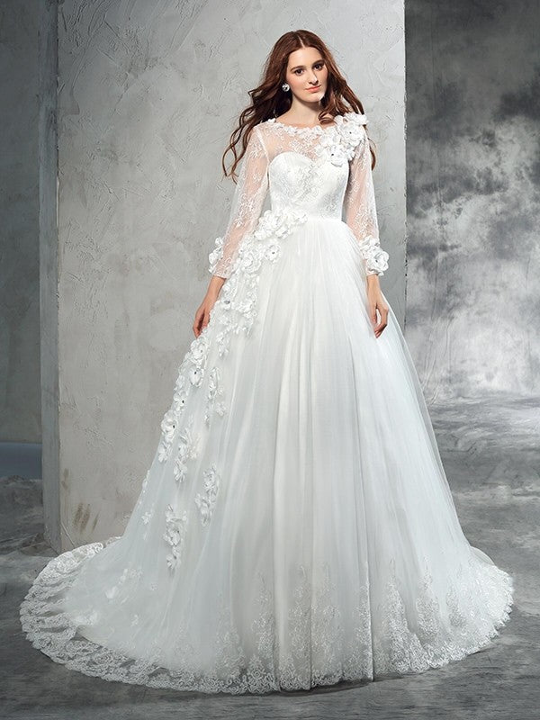 Ball Gown Sheer Neck Hand-Made Flower Long Sleeves Long Net Wedding Dresses CICIP0006751