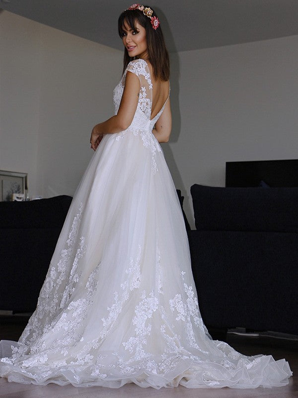 A-Line/Princess Tulle Applique V-neck Sleeveless Court Train Wedding Dresses CICIP0006412