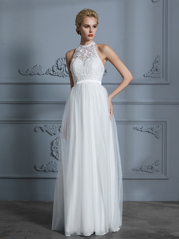 A-Line/Princess Scoop Sleeveless Tulle Floor-Length Wedding Dresses CICIP0006513