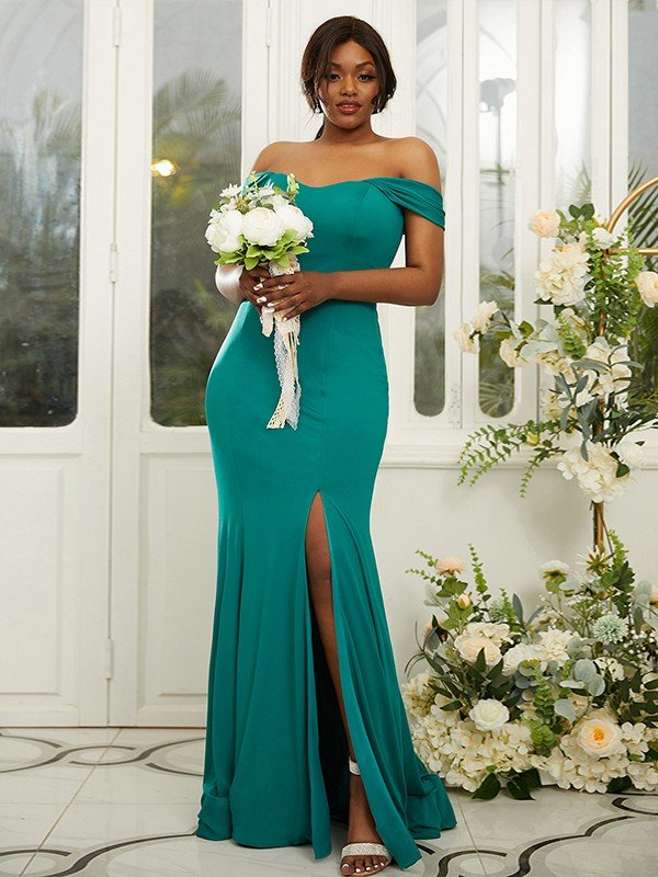 Sheath/Column Jersey Ruffles Off-the-Shoulder Sleeveless Sweep/Brush Train Bridesmaid Dresses CICIP0004980