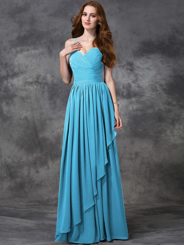 A-line/Princess Spaghetti Straps Sleeveless Long Ruffles Chiffon Bridesmaid Dresses CICIP0005431