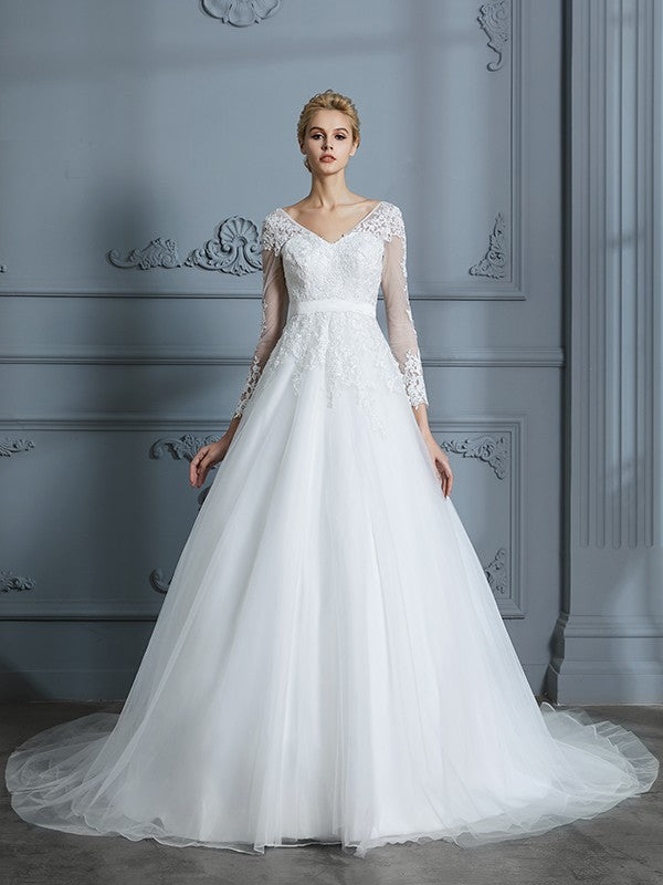 Ball Gown V-neck Long Sleeves Court Train Lace Tulle Wedding Dresses CICIP0006228