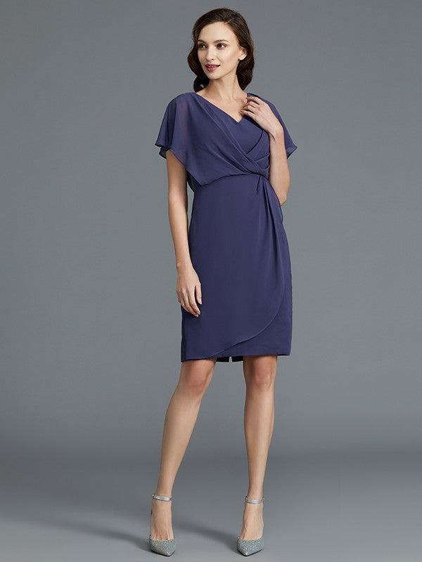 Sheath/Column V-neck Short Sleeves Chiffon Knee-Length Mother of the Bride Dresses CICIP0007259