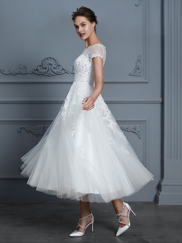 A-Line/Princess Scoop Short Sleeves Tea-Length Beading Tulle Wedding Dresses CICIP0006474