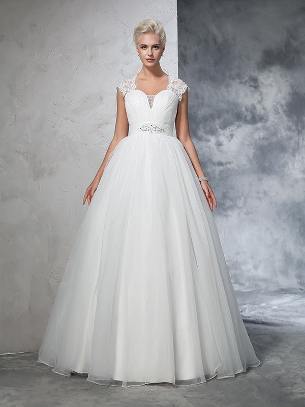 Ball Gown Sweetheart Ruched Sleeveless Long Tulle Wedding Dresses CICIP0006724