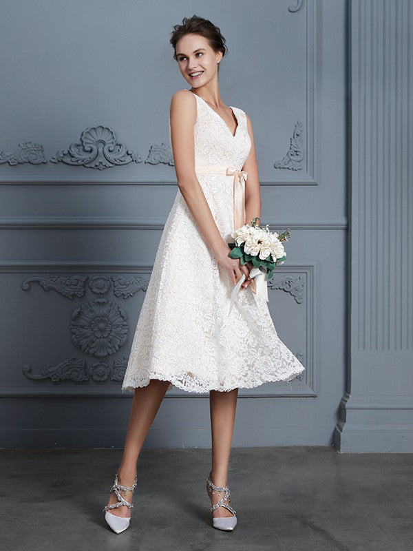 A-Line/Princess V-neck Sleeveless Knee-Length Lace Bowknot Wedding Dresses CICIP0006531