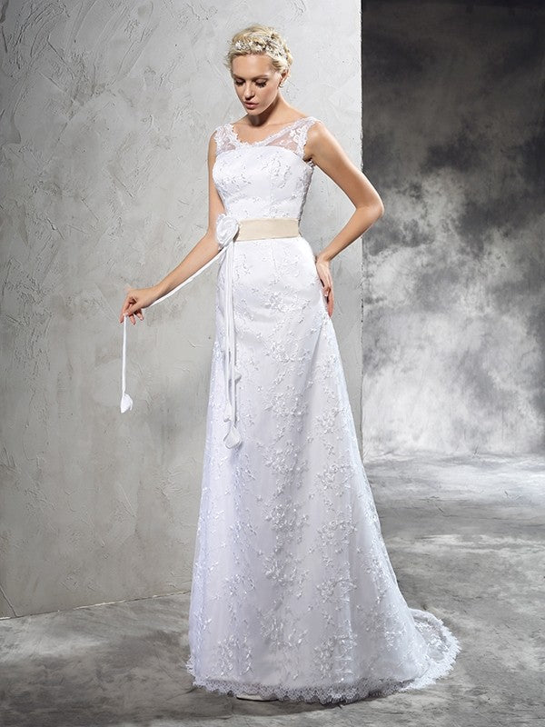 Sheath/Column Sheer Neck Hand-Made Flower Sleeveless Long Satin Wedding Dresses CICIP0006901