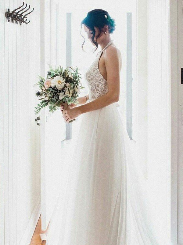 A-Line/Princess Lace Tulle Sleeveless Halter Floor-Length Wedding Dresses CICIP0006596