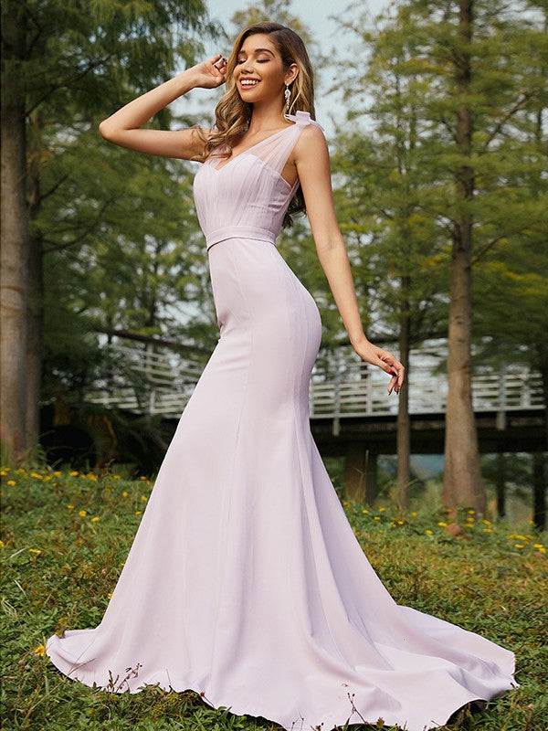 Trumpet/Mermaid Stretch Crepe Ruched V-neck Sleeveless Sweep/Brush Train Bridesmaid Dresses CICIP0004993