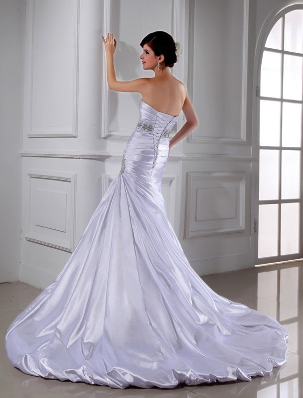 Trumpet/Mermaid Beading Strapless Sleeveless Applique Elastic Woven Satin Wedding Dresses CICIP0006933