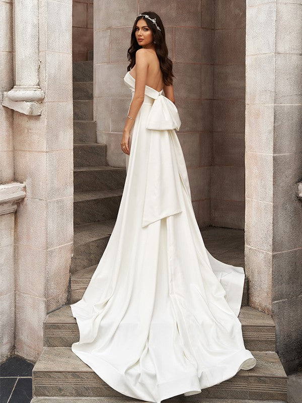 Sheath/Column Satin Ruched Strapless Sleeveless Court Train Wedding Dresses CICIP0006447