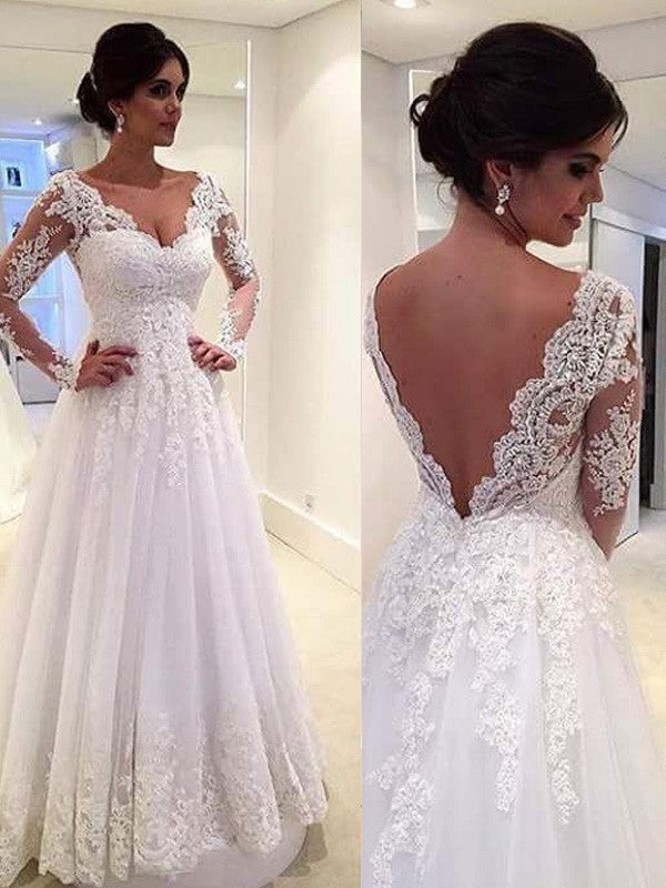 Ball Gown V-neck Long Sleeves Lace Sweep/Brush Train Tulle Wedding Dresses CICIP0006055