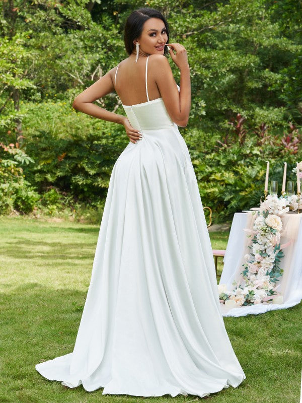 A-Line/Princess Satin Ruffles Spaghetti Straps Sleeveless Sweep/Brush Train Wedding Dresses CICIP0006502