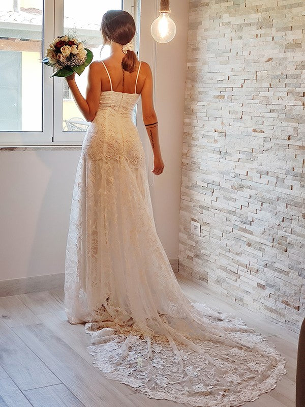 Sheath/Column Lace Applique Spaghetti Straps Sleeveless Court Train Wedding Dresses CICIP0005976