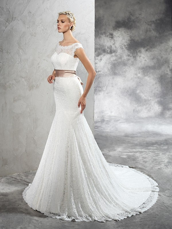 Sheath/Column Sheer Neck Sash/Ribbon/Belt Sleeveless Long Lace Wedding Dresses CICIP0006482