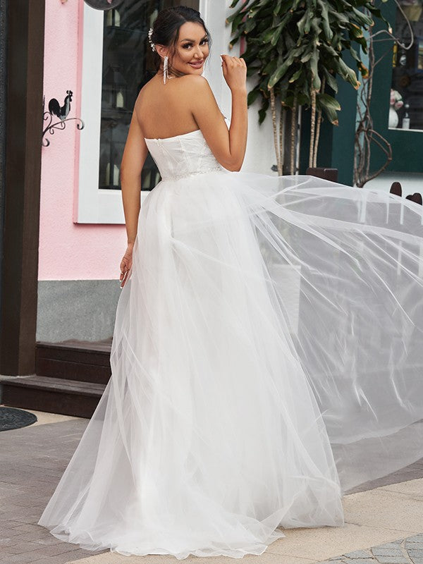 A-Line/Princess Tulle Ruffles Sweetheart Sleeveless Sweep/Brush Train Wedding Dresses CICIP0006504