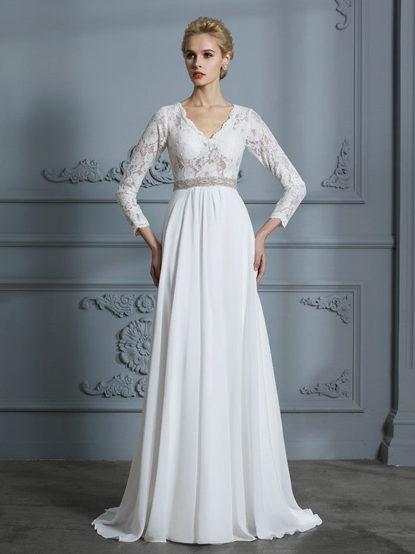 A-Line/Princess 3/4 Sleeves V-neck Lace Sweep/Brush Train Chiffon Wedding Dresses CICIP0006390