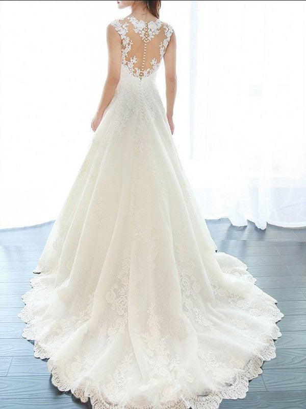 A-Line/Princess Sleeveless V-neck Court Train Applique Lace Wedding Dresses CICIP0006590