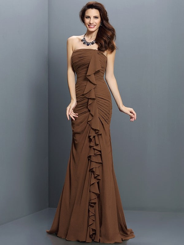 Trumpet/Mermaid Strapless Pleats Sleeveless Long Chiffon Bridesmaid Dresses CICIP0005428