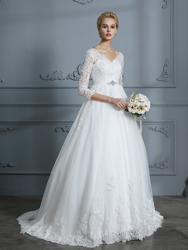 Ball Gown V-neck 3/4 Sleeves Court Train Lace Tulle Wedding Dresses CICIP0006428