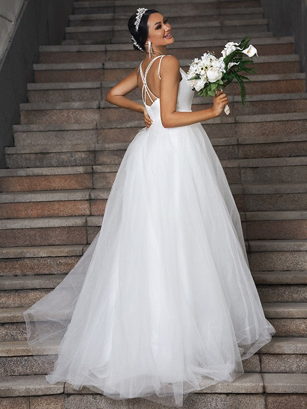 A-Line/Princess Tulle Ruffles V-neck Sleeveless Sweep/Brush Train Wedding Dresses CICIP0006579