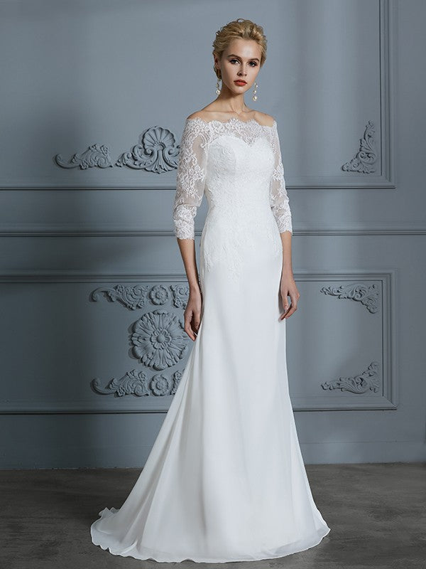 Trumpet/Mermaid 1/2 Sleeves Off-the-Shoulder Sweep/Brush Train Chiffon Wedding Dresses CICIP0006184