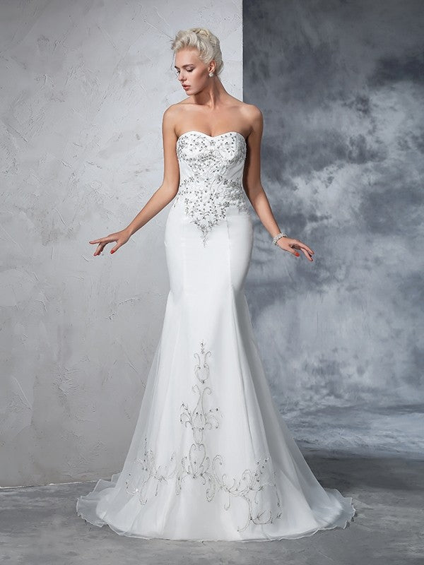 Trumpet/Mermaid Sweetheart Beading Sleeveless Long Satin Wedding Dresses CICIP0006464